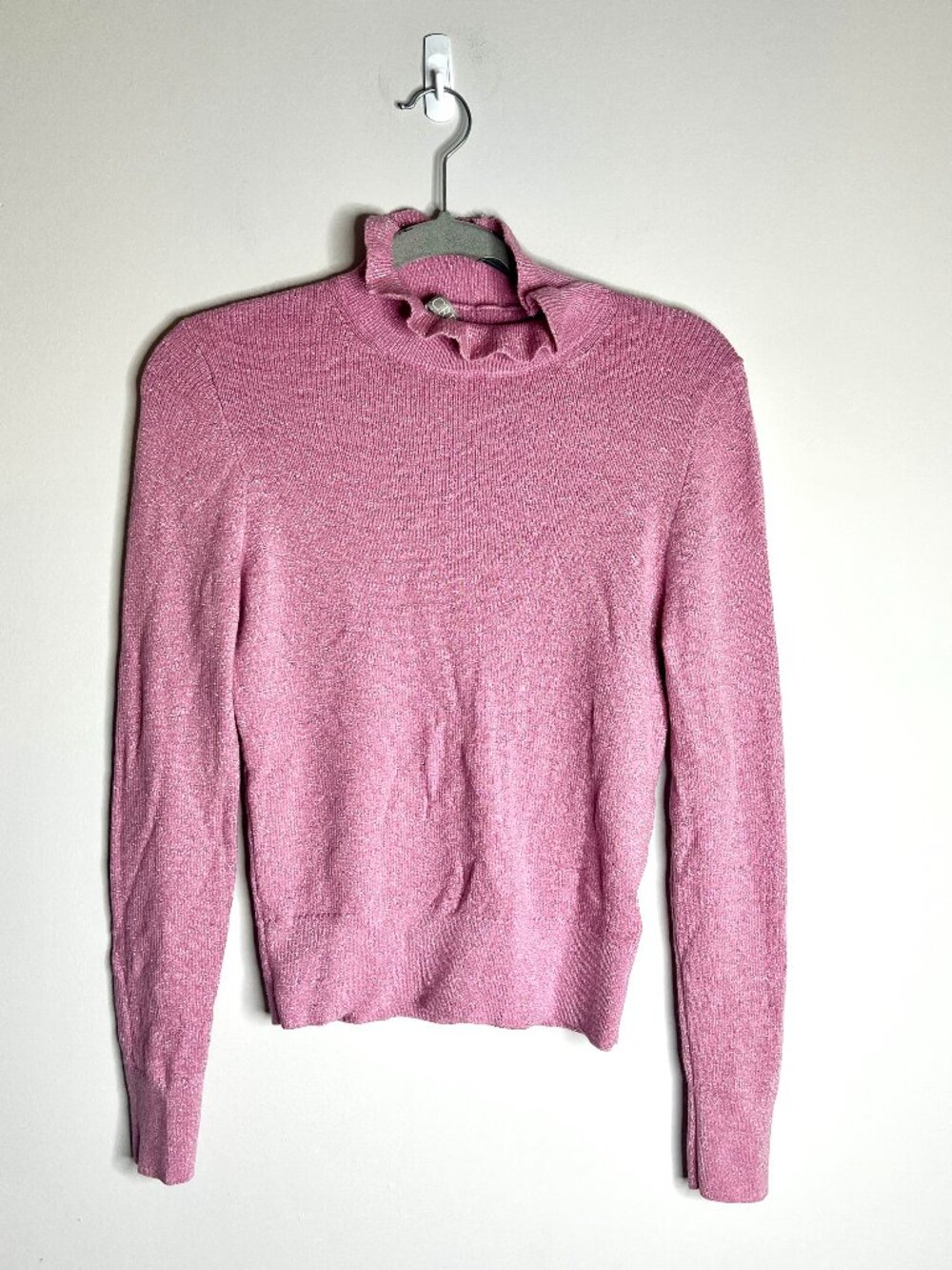 J. Crew Ruffle Neck Merino Wool Pink Metallic Silver Festive Holiday Preppy Sz M